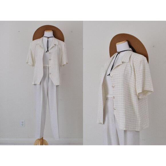 Plus Size Vintage 80s Plaid Rayon/Acetate/Flax Button Down Blouse Size 18/20 - Picture 1 of 10